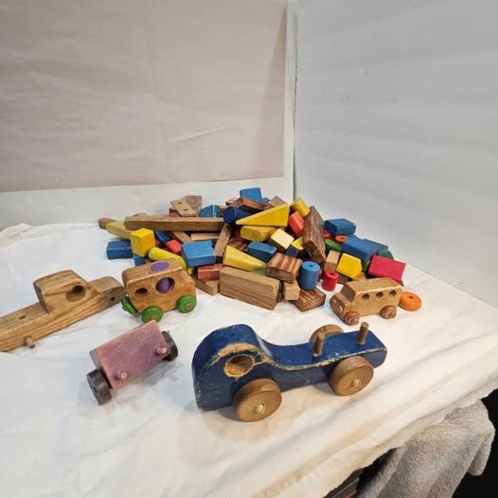 Vintage Wooden Building Blocks and Toy Cars Set. Well loved. Old timers! Lot 2